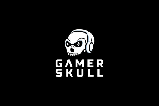 gamer skull logo with skull image wearing headphone as the icon.
