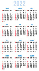 Calendar grid template for vertical business card design. Black numbers on a white background. Blue lettering