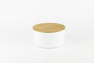 Empty round white podium for product presentation white background. cosmetic mockup, copy space.