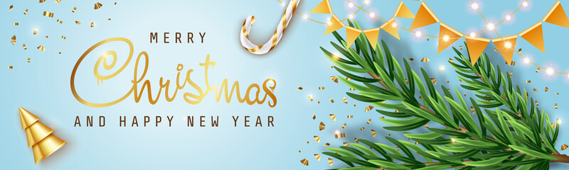 Happy New Year background. Green Christmas tree on a blue background. Realistic 3d decorative garland glow. Xmas Decorations. Vector illustration
