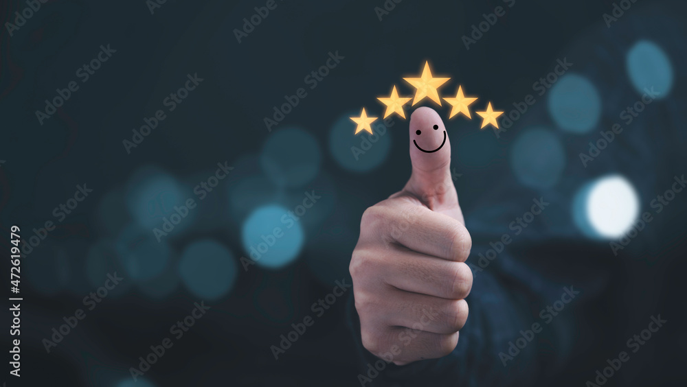 Poster Thumb rise up with yellow five stars and smile face for customer satisfaction and evaluation after use product and service concept.