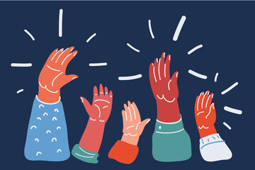 Cartoon vector illustration of Large group of people with raising hands