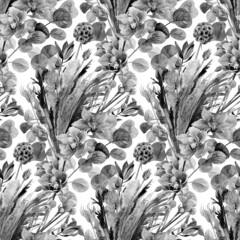 monochrome black and white textile seamless pattern with herbs and orchid flowers collected in a bouquet on a white background for surface design