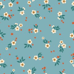 Vintage pattern. Wonderful white and orange flowers. light blue background. Seamless vector template for design and fashion prints.
