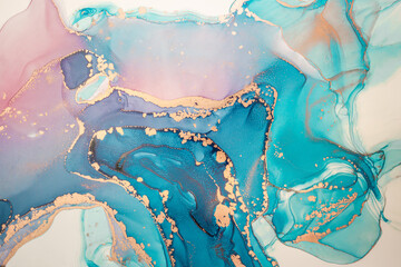Abstract fluid art painting background in alcohol ink technique, mixture of magenta, purple and blue paints. Transparent overlayers of ink create glowing golden veins and gradients. - 472621059