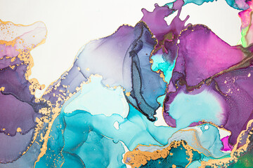 Abstract fluid art painting background in alcohol ink technique, mixture of magenta, purple and blue paints. Transparent overlayers of ink create glowing golden veins and gradients. - 472621060