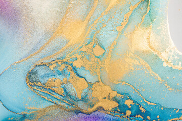 Luxury abstract fluid art painting in alcohol ink technique, mixture of blue and purple paints. Imitation of marble stone cut, glowing golden veins. Tender and dreamy design. - 472621214