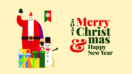 Hand Drawn Illustration Christmas Santa Waving Hand and Snowman with Presents