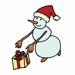 Snowman with gift on white background. Vector image.