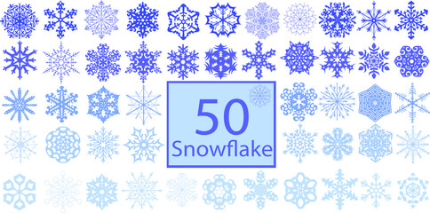 A huge big set of different 50 (fifty) vector unusual beautiful snowflakes. Winter flat vector decorations elements. 