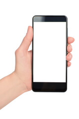 Female hand holding smartphone with blank white screen on white background, isolate