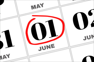 June 1st. Day 1 of month, Date marked with red circle to indicate importance on a calendar. summer month, day of the year concept.