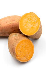 sweet potatoes on a white background. cut sweet potatoes. Vertical view. close up