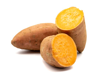 sweet potatoes on a white background. cut sweet potatoes. horizontal view. close up