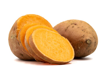 sweet potatoes on a white background. Sliced sweet potato. horizontal view. close up