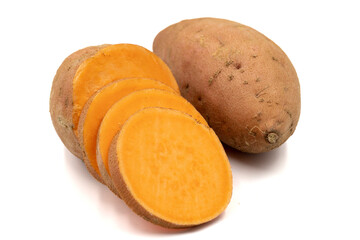 sweet potatoes on a white background. Sliced sweet potato. horizontal view. close up