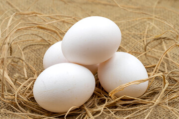 Egg carton on jute fabric. close-up white egg. horizontal view