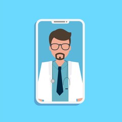 Online doctor consultation on the phone blue background. 