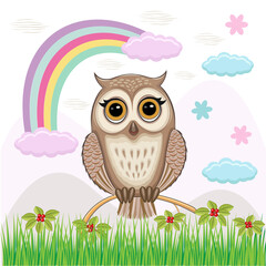 Isolated vector illustration of an owl sitting on a branch. Nature, rainbow. On a white background.