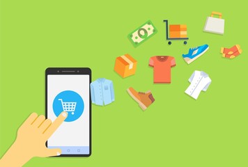 Buy online concept, goods in shopping cart.