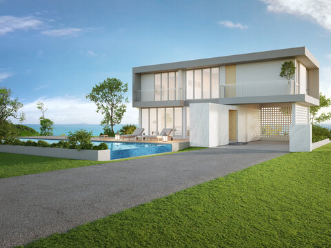 Luxury Beach House With Sea View Swimming Pool And Big Garden In Modern Design. Empty Green Grass Lawn At Vacation Home. 3d Illustration Of Contemporary Holiday Villa Exterior.