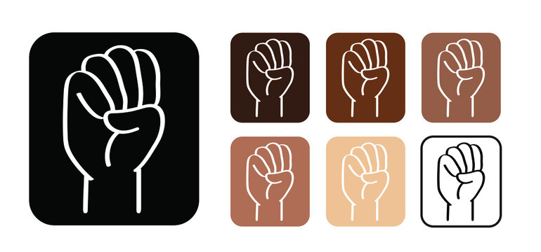 Protest symbol for black lives matter or World refugee day or Day of abolitionism. Cartoon black, white hand. Clenched fist, resistance, revolution concept. No more slavery. Vector icon or pictogram.