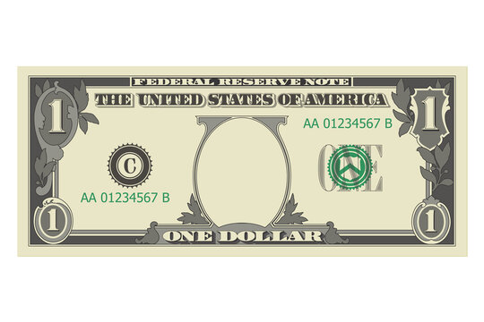 One dollar bill without a portrait of Washington. 1 dollar banknote. Template or mock up for a souvenir. Vector illustration isolated on a white background