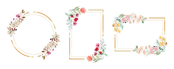 Watercolor floral with golden frame collection - obrazy, fototapety, plakaty