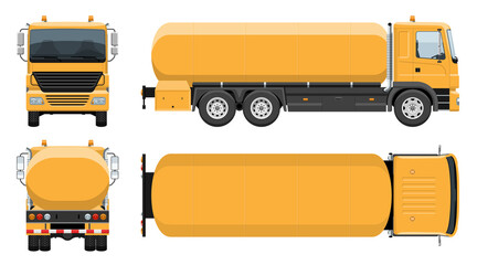 Tanker truck vector template with simple colors without gradients and effects. View from side, front, back, and top © Yuri Schmidt