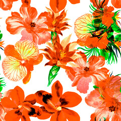 Autumn Flower Print. Orange Hibiscus Leaves. Red Tropical Wallpaper. Yellow Exotic Plant . Seamless Decor. Pattern Backdrop. Floral Wallpaper. Summer Garden.
