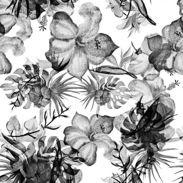 White Hibiscus Decor. Black Flower Illustration. Seamless Garden. Watercolor Decor. Summer Illustration. Pattern Decor. Tropical Illustration. Isolated Leaf. © Nima