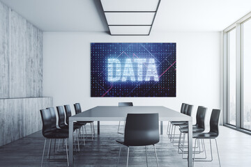 Creative Data word sign on presentation screen in a modern conference room. 3D Rendering