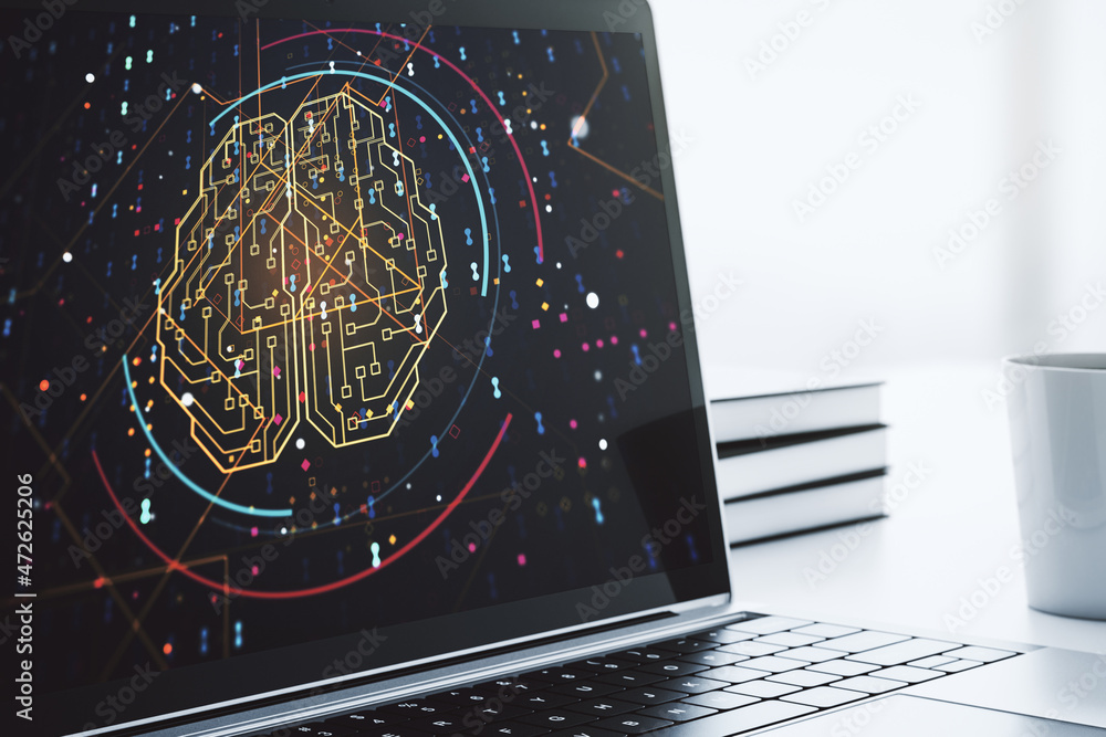 Poster modern computer monitor with creative artificial intelligence symbol. neural networks and machine le