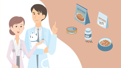 猫の健康やダイエットに関してアドバイスをする男女の獣医師