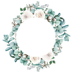 Floral wreath, Watercolor eucalyptus and white roses wreath, Botanical circle frame,  Hand painted illustration isolated on white background, For wedding design, invitations, greeting cards