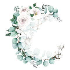 Eucalyptus Floral wreath, Watercolor eucalyptus and white roses wreath, Botanical circle frame,  Hand painted illustration isolated on white background, For wedding design, invitations, greeting cards