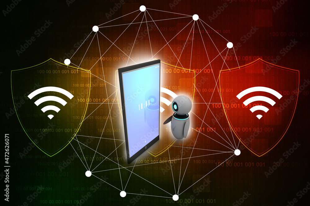 Poster 3d rendering surveillance cctv security camera with mobile network