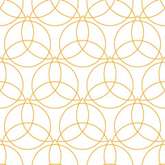 Seamless pattern with triquetra sign, celtic knot icon. Line art. Celtic symbol of triangle in gold color on white background. Modern design for print on wrapping. Nordic tattoos. Vector illustration