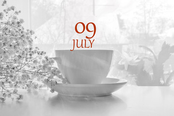 calendar date on light background with porcelain white tea pair and white gypsophila with copy space. July 9 is the ninth day of the month