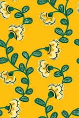 Zelfklevend Fotobehang Seamless floral pattern with decorative plants in folk art style. Continuous vine with flowers and leaves decorated with dots. Modern design of traditional painting. Vector. © Yulya i Kot