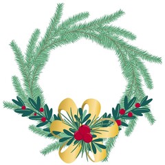 Christmas wreath with fir branches, berries and deciduous twigs. Round traditional decor New year en isolated object. Festive natural decoration vector