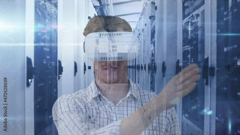 Poster animation of businessman wearing vr headset and data processing over tech room with computer servers