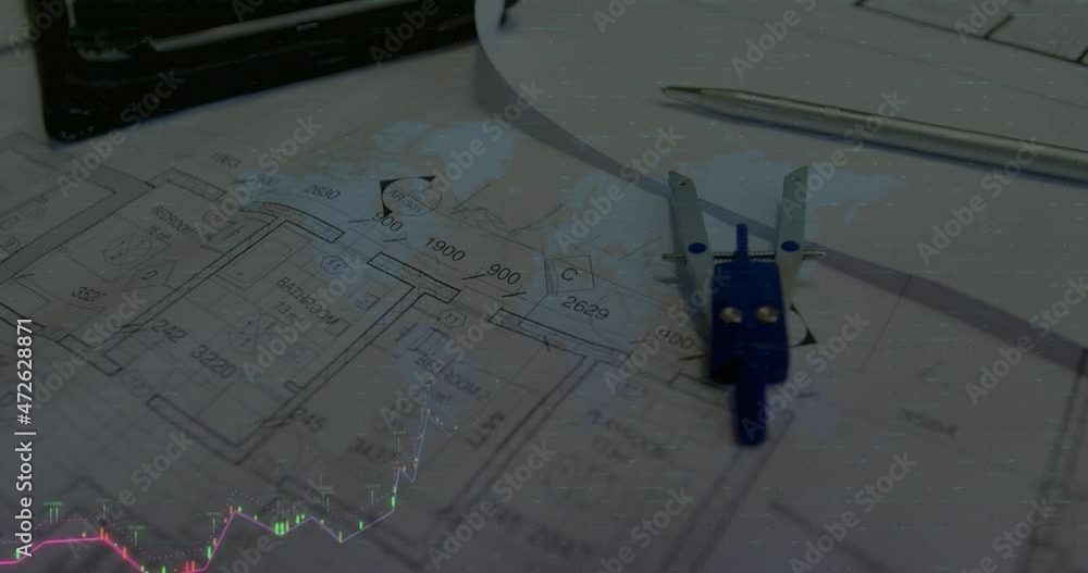 Poster animation of statistics and financial data processing over architects plans and compass