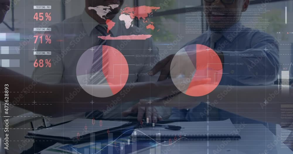 Poster animation of statistics and financial data processing over business people stacking hands in meeting