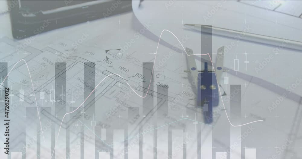Poster animation of statistics and financial data processing over architects plans and compass