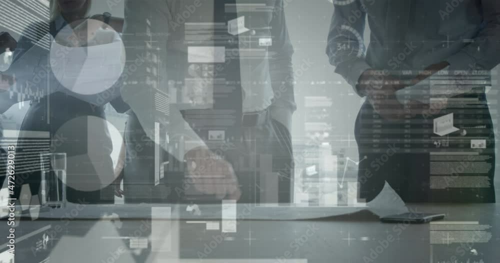 Poster animation of statistics and financial data processing over architects with plans in meeting