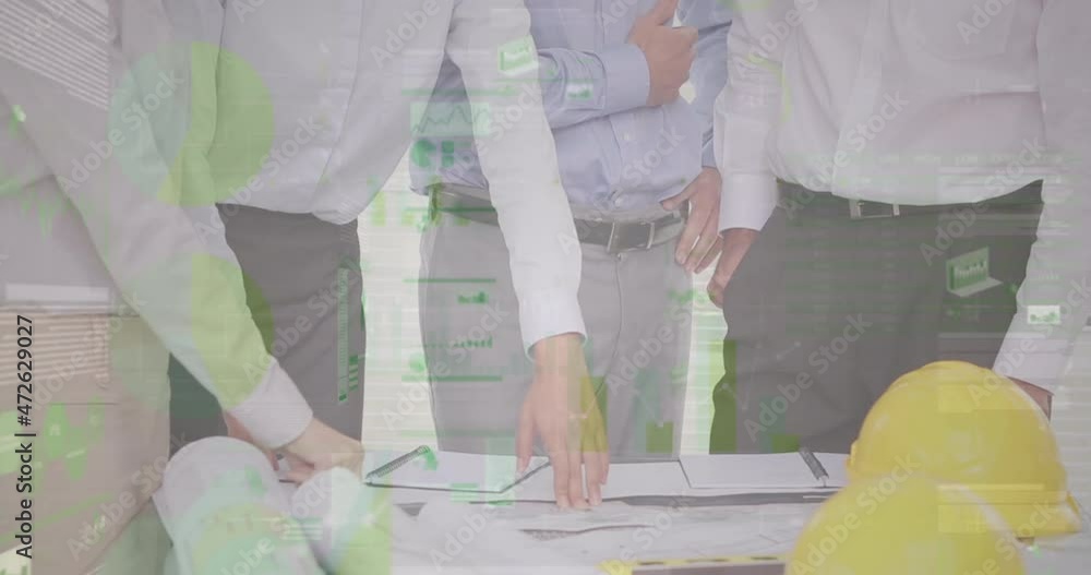Aufkleber animation of statistics and financial data processing over architects with plans in meeting