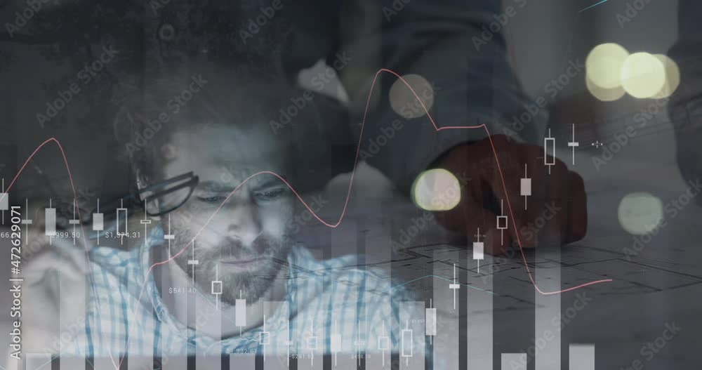 Poster animation of statistics and financial data processing over architect with plans in meeting