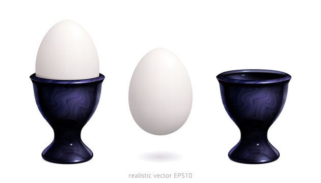 Black ceramic egg cup with a white chicken egg. 3d realistic vector design. Beautiful holders with a dark marbling texture. Fluid acrylic painting. Isolated objects. Fine detailed clipart