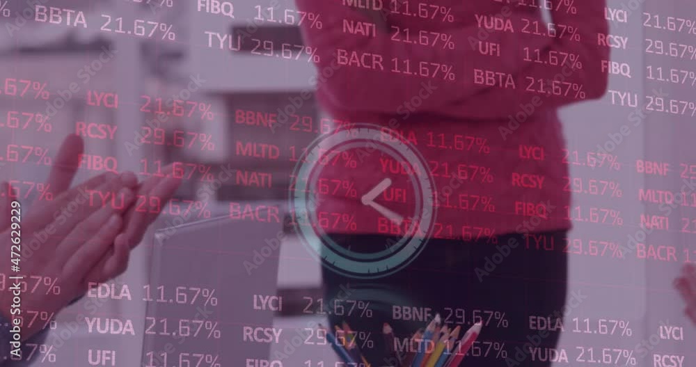 Poster animation of clock, financial data processing over business people clapping in meeting